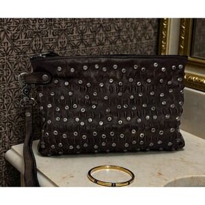 Frye 🤑Leather Studded🖤Wristlet Diana Brown clutch ‎ Rock Punk Whimsigoth Biker